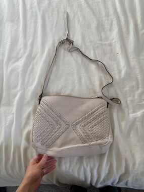 Woven Detail Leather Crossbody Bag in off white